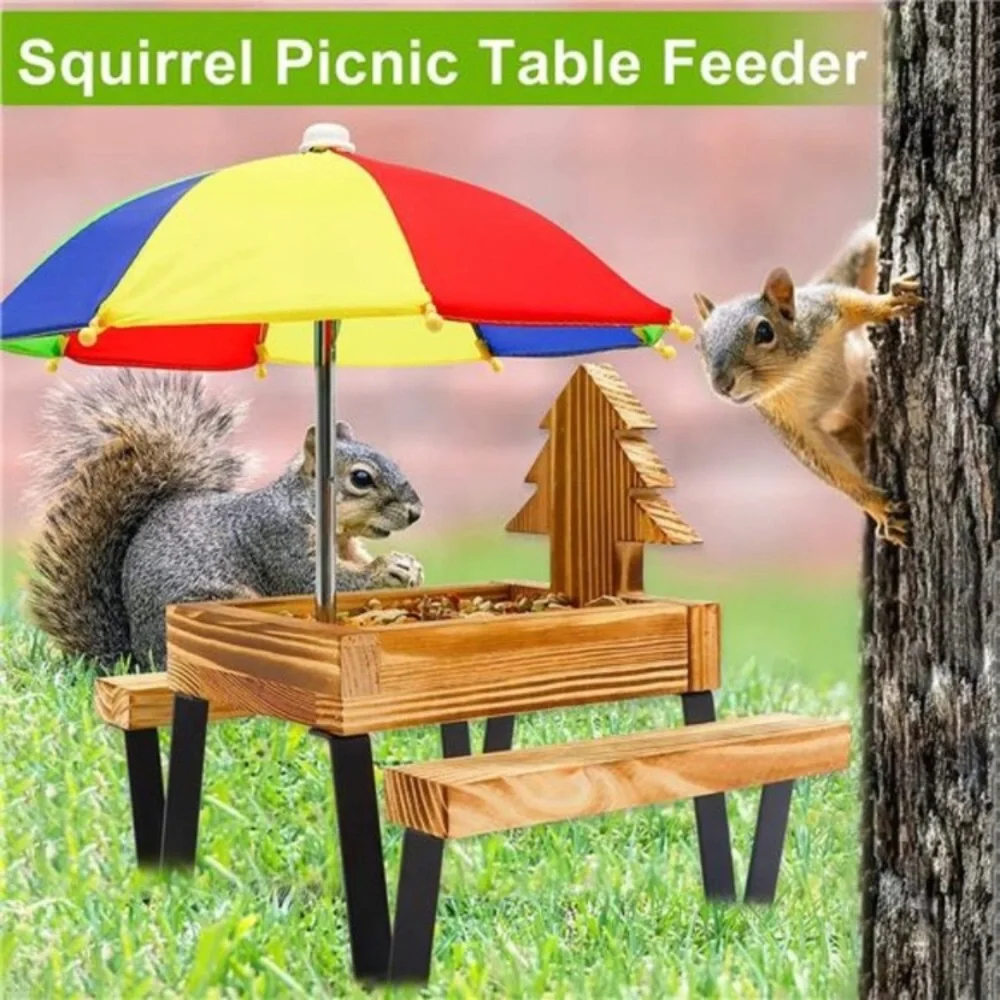 Squirrel Feeder, Squirrel Picnic Table Feeder for Outside with Umbrella Benches